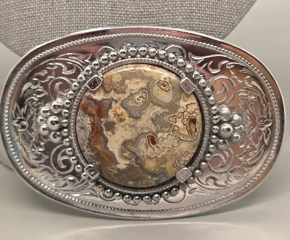 Western belt Buckle Engraved Silver-Tone With A Polished Agate Gemstone Cabochon